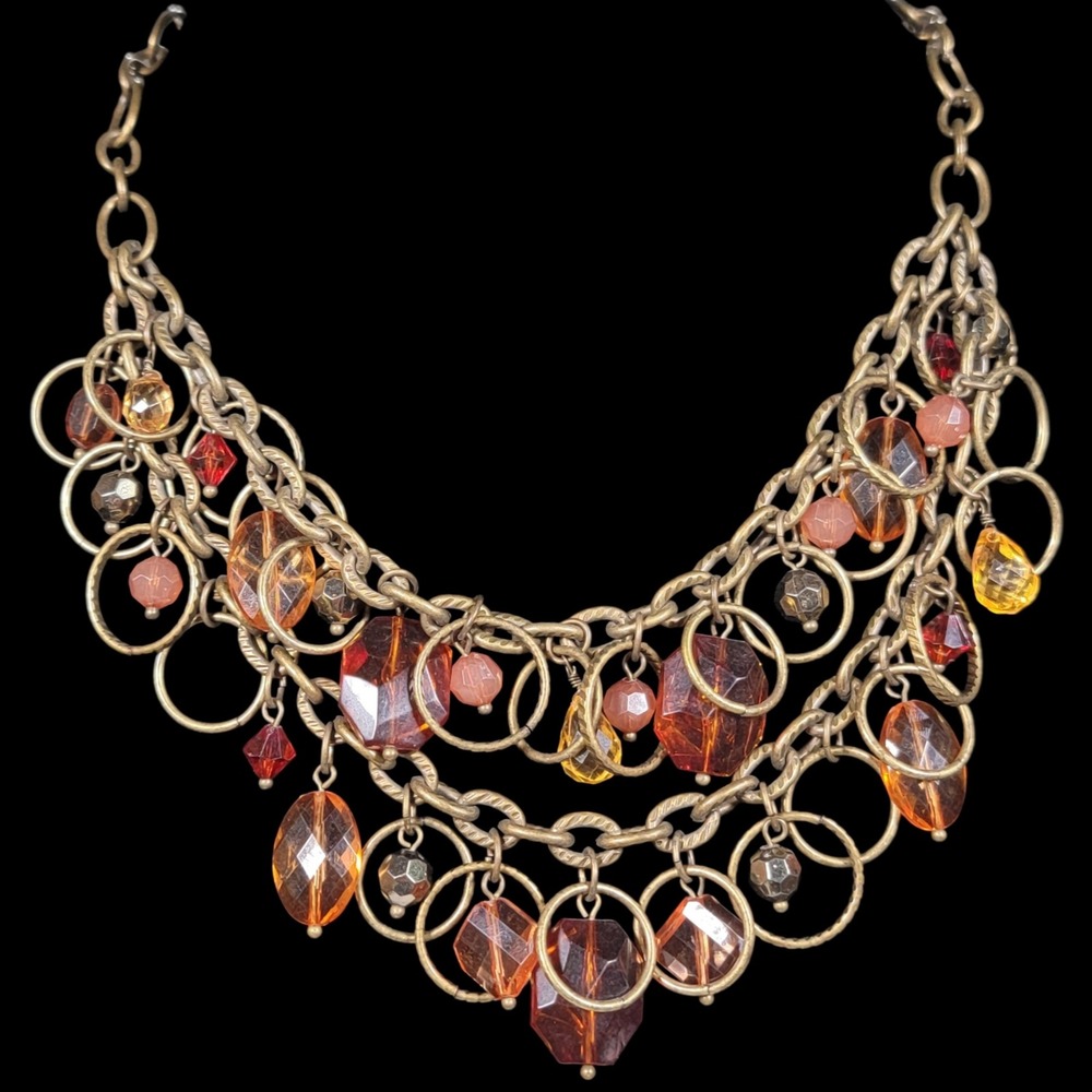 Premier Designs Fireside Statement Bib Necklace Faux Amber Orange Brass Boho